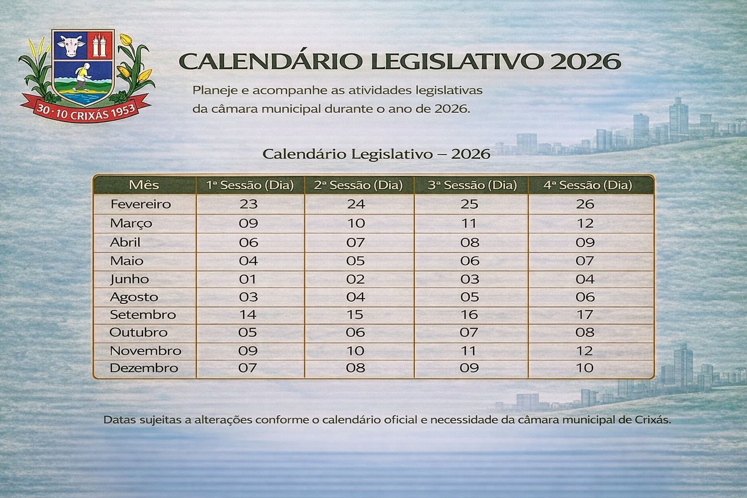 Calendário Legislativo - 2026